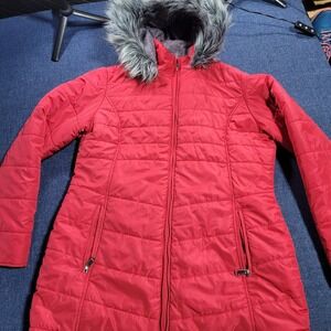 Below Zero Puffer Coat Faux Fur Hood Red Plaid Lined Zip Front Women's Size M